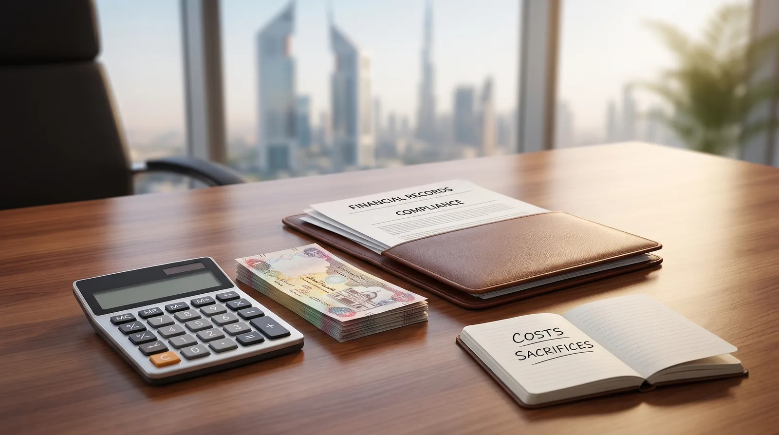 Preparing Your Dubai Company for a Bank Review beside an itemised cost breakdown, calculator and dirham notes