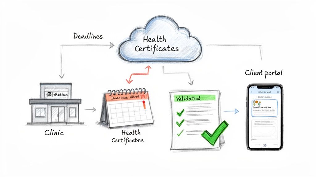 A diagram illustrates the workflow of health certificates from a clinic to validation and a client portal.