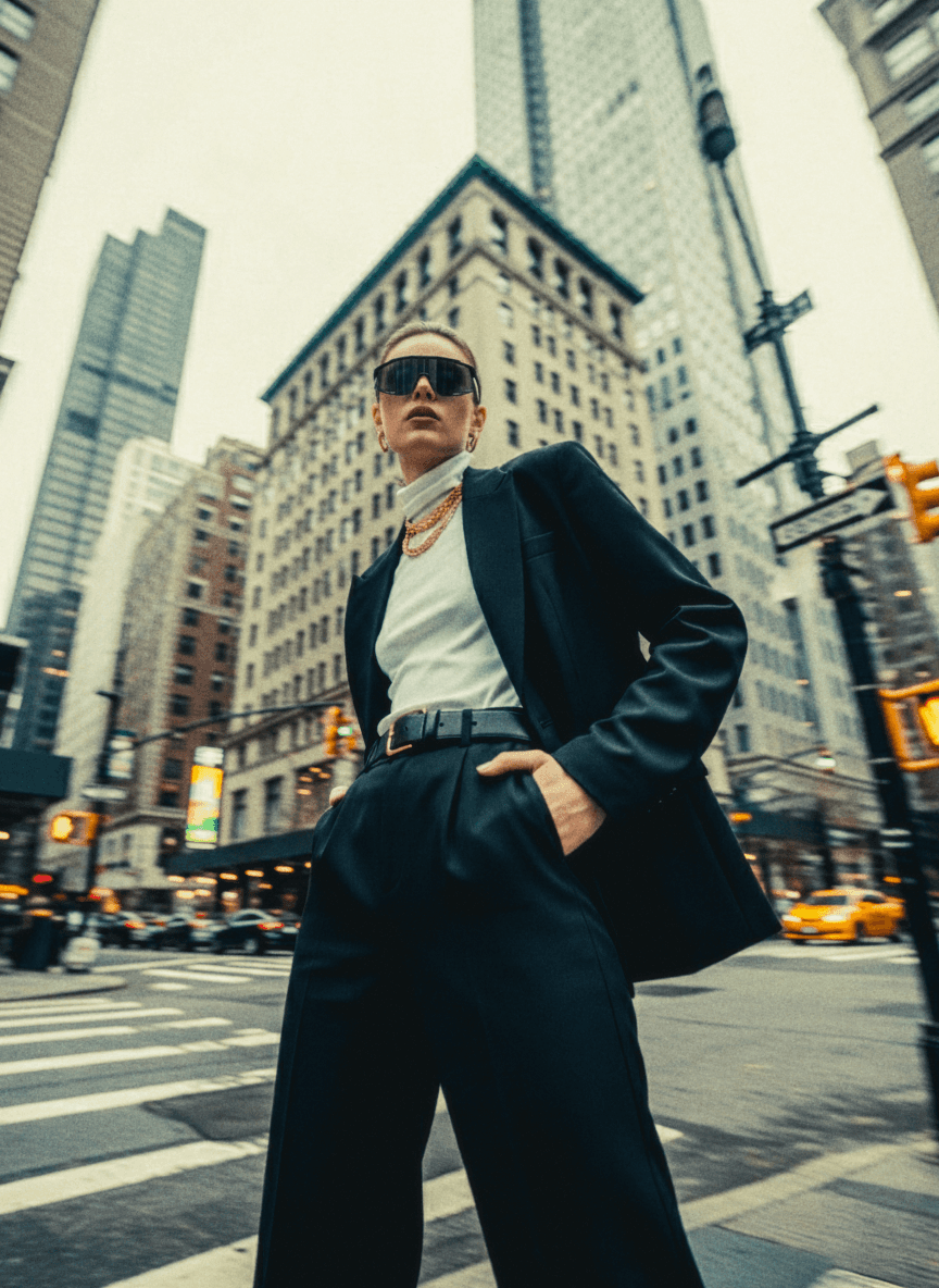 female model in a suit on a street corner