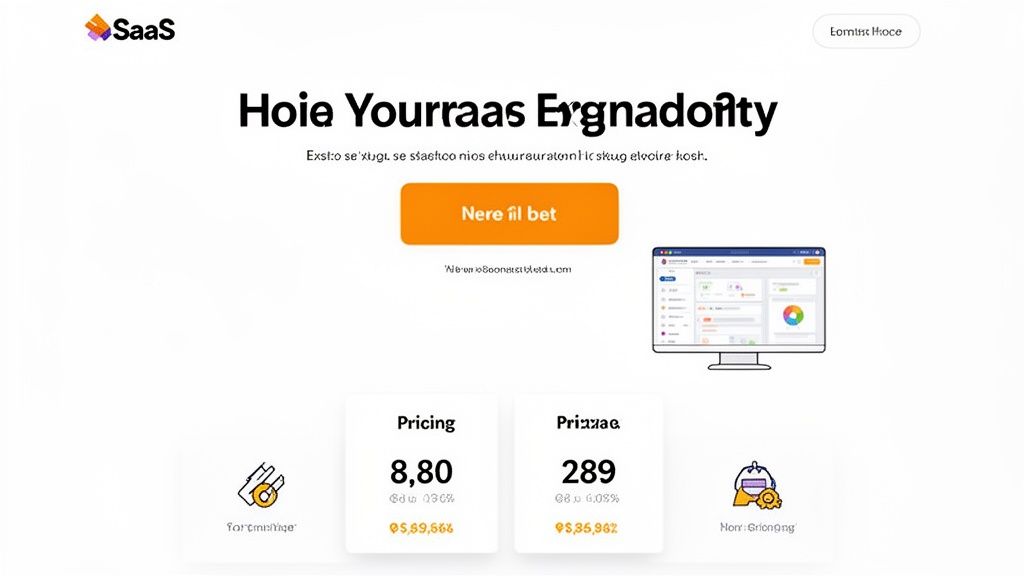 Clean white SaaS landing page design featuring a hero section, dashboard illustration, and pricing details.