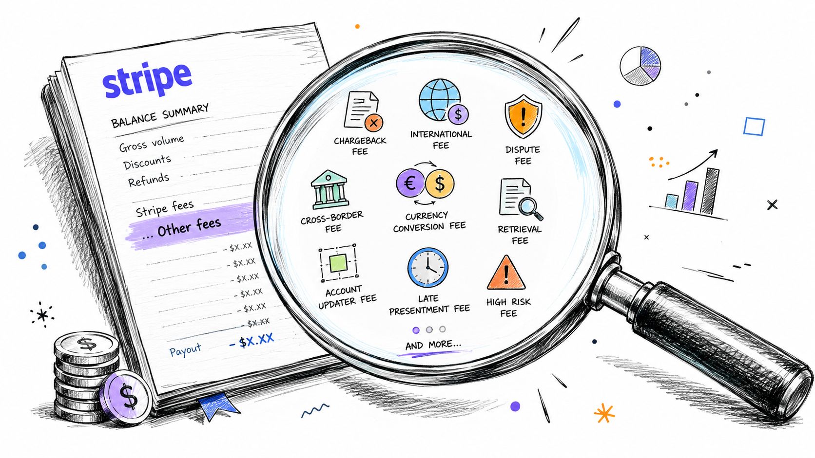 A magnifying glass inspecting various Stripe payment processing fees illustrated as icons on a financial report.