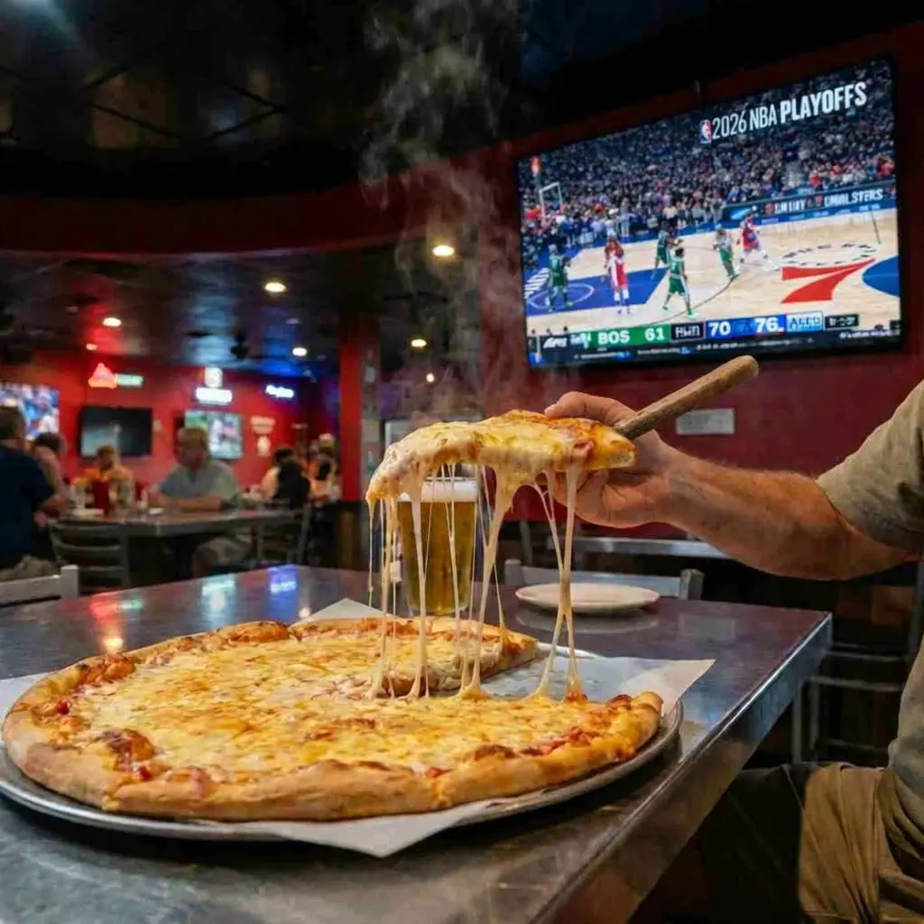A mouthwatering cheese pizza being served at a bustling sports bar with an NBA playoff game on the TVs, capturing the lively atmosphere in Lakewood Ranch, FL.