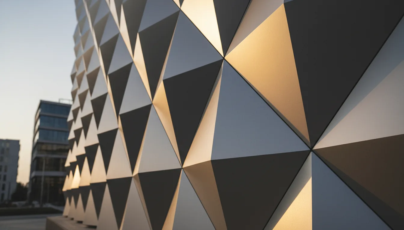 Close-up of a modern building facade featuring geometric metal panels with sharp angles and warm sunlight reflecting off the surface, creating an abstract architectural pattern.