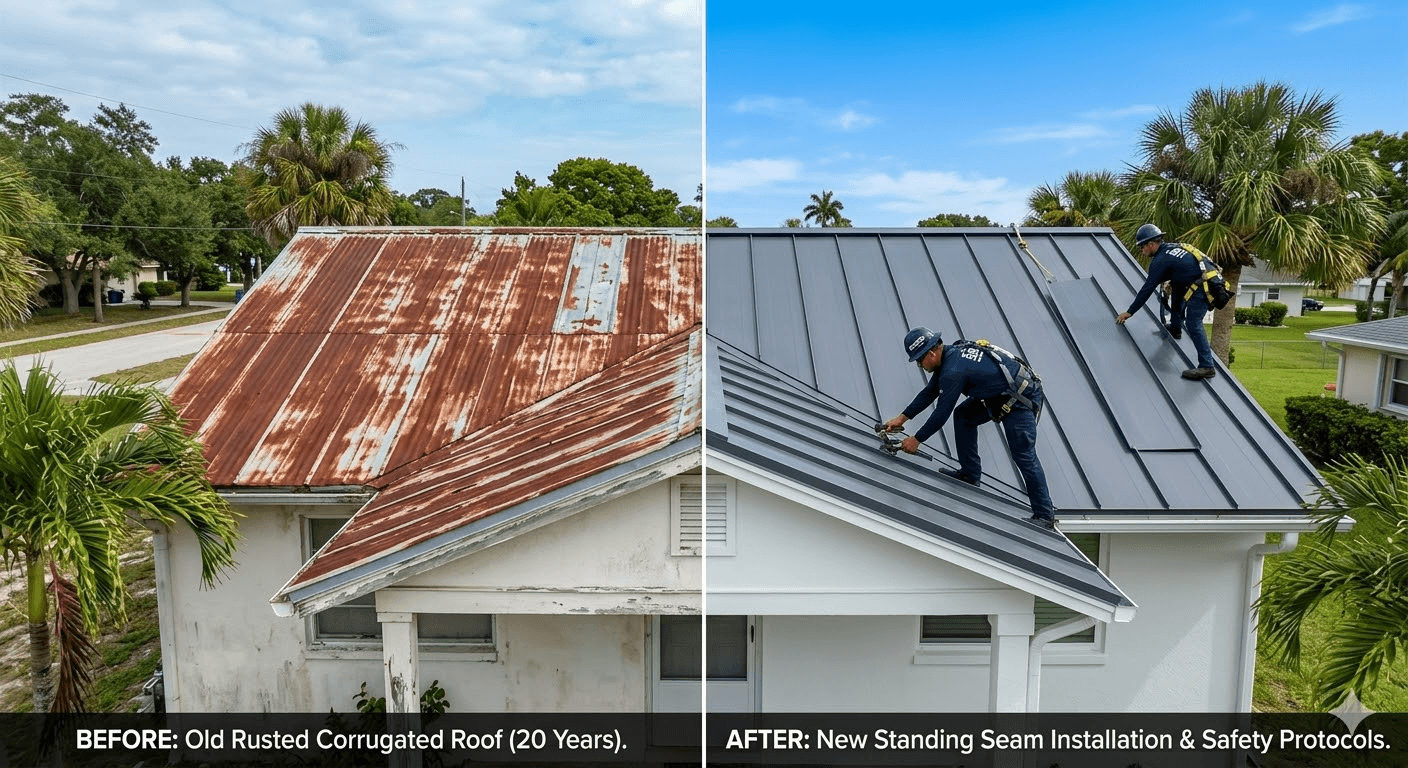 Metal roof replacement in progress on South Florida home by Roofing Network
