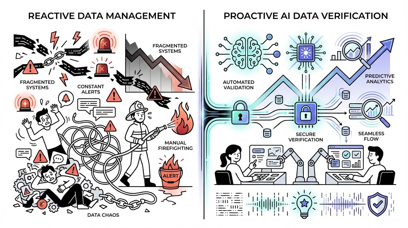 An infographic visually comparing Reactive Data Management (left) with Proactive AI Data Verification (right). The left side shows chaotic, broken red data streams, warning signs, and a declining graph, symbolizing problems and firefighting. The right side displays smooth, secure blue-green data flows, AI interfaces, and an ascending graph, representing efficiency and prevention.