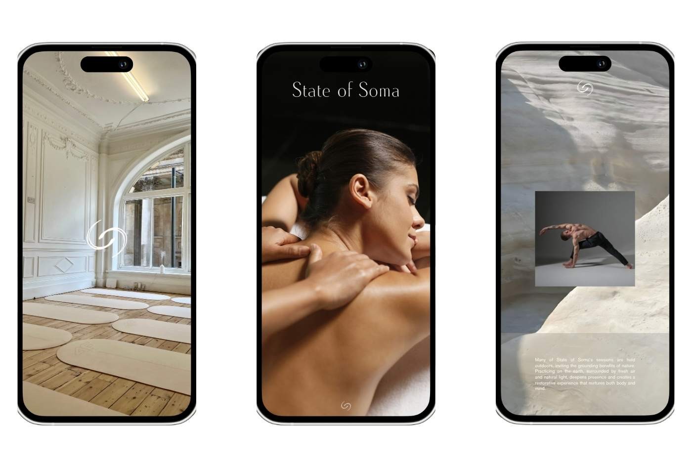 Set of three Instagram story mockups showcasing a sunlit Pilates studio, therapeutic bodywork photography, and grounding movement visuals for a holistic wellness and naturophatic brand.