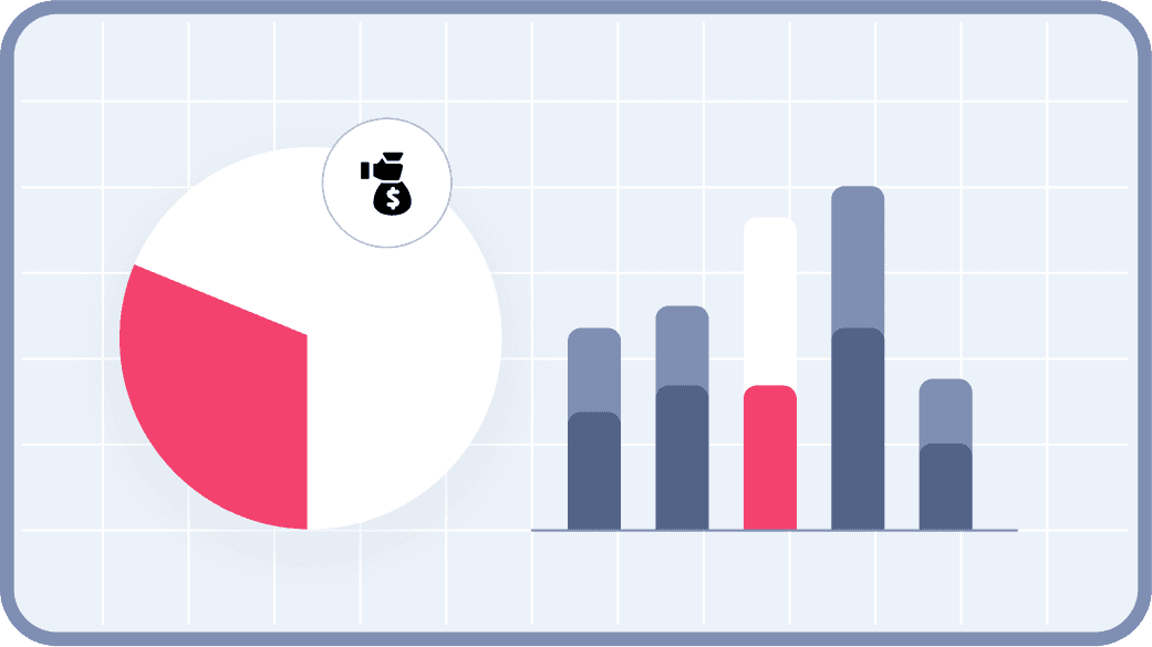 An illustration featuring a pie chart with a red quarter segment and a cluster of bar graphs in various shades of blue and red, set against a light gray grid background with a money bag icon above the pie chart, representing financial analysis and data comparison.