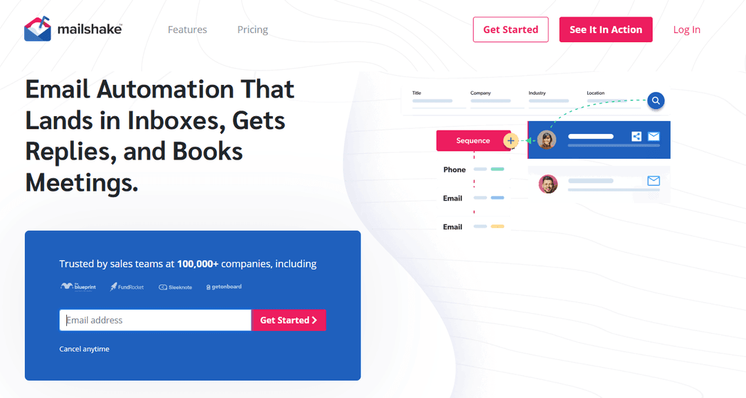 Mailshake front page: email automation built around sequences, calls and booked meetings
