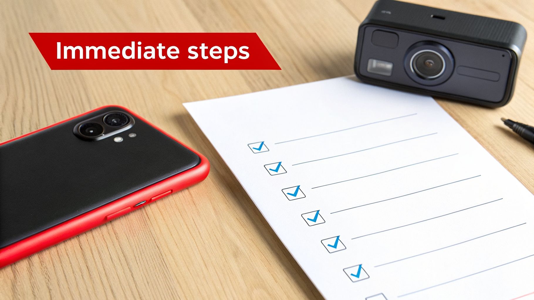 A checklist titled 'Immediate steps' with a smartphone and camera on a wooden desk.
