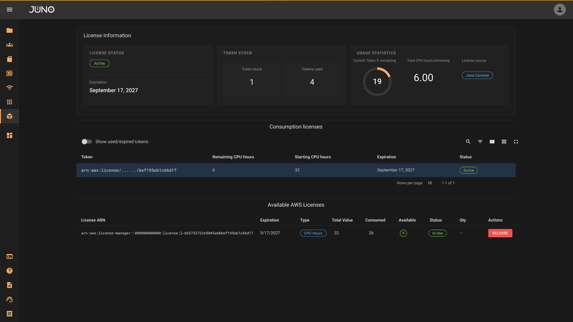 Orion Admin license page: license status, expiry date and remaining CPU hours