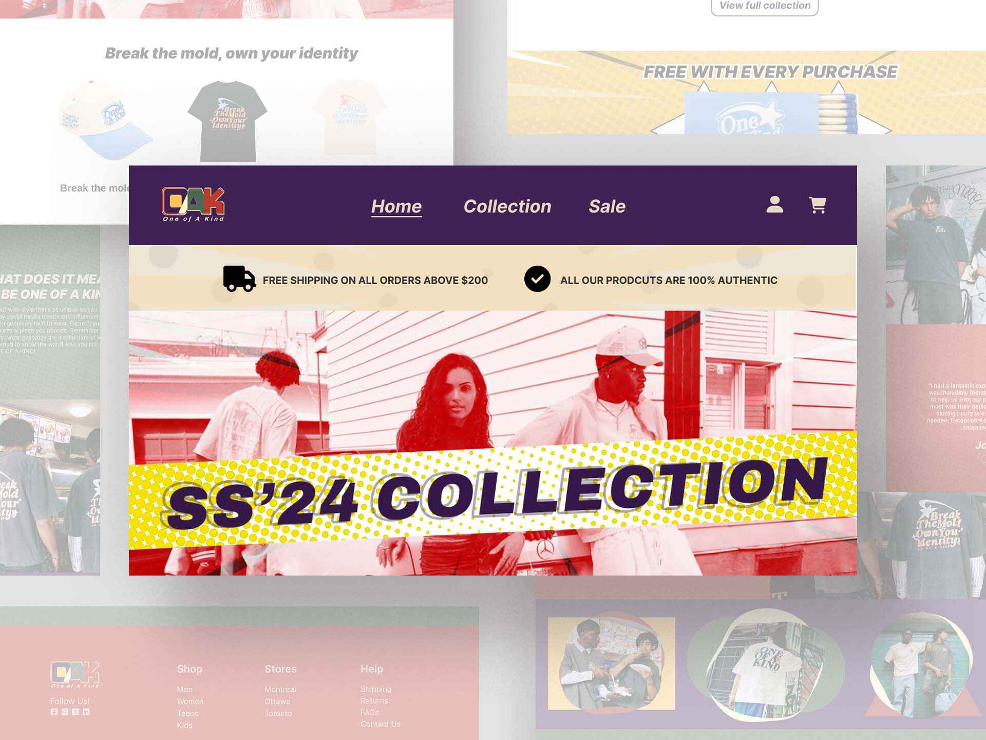 Website mockup showing navigation, authenticity banner, and the page title.