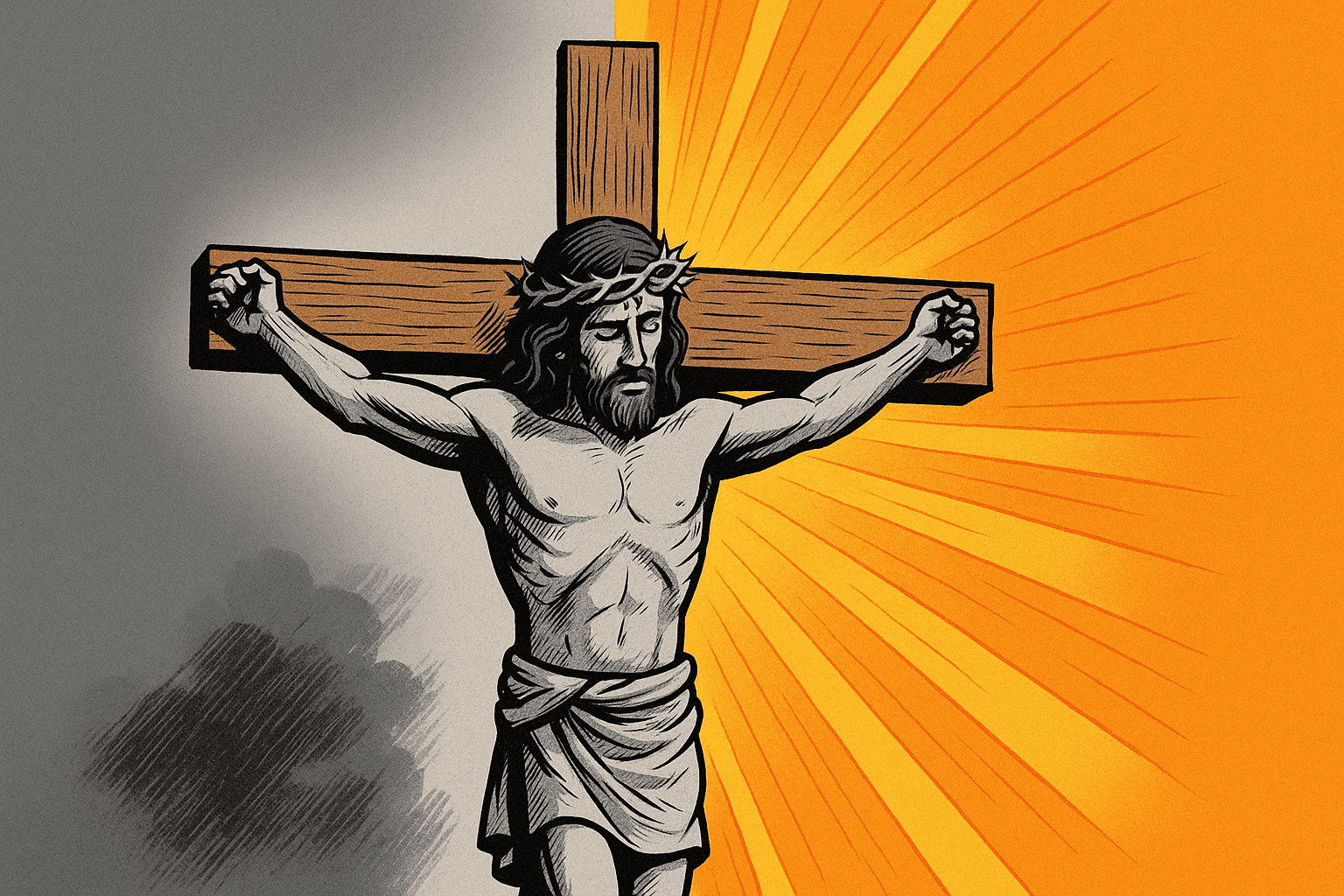 A depiction of Jesus on the cross, symbolizing sacrifice and redemption, with radiant light in the background, illustrating a central belief in Christian salvation.