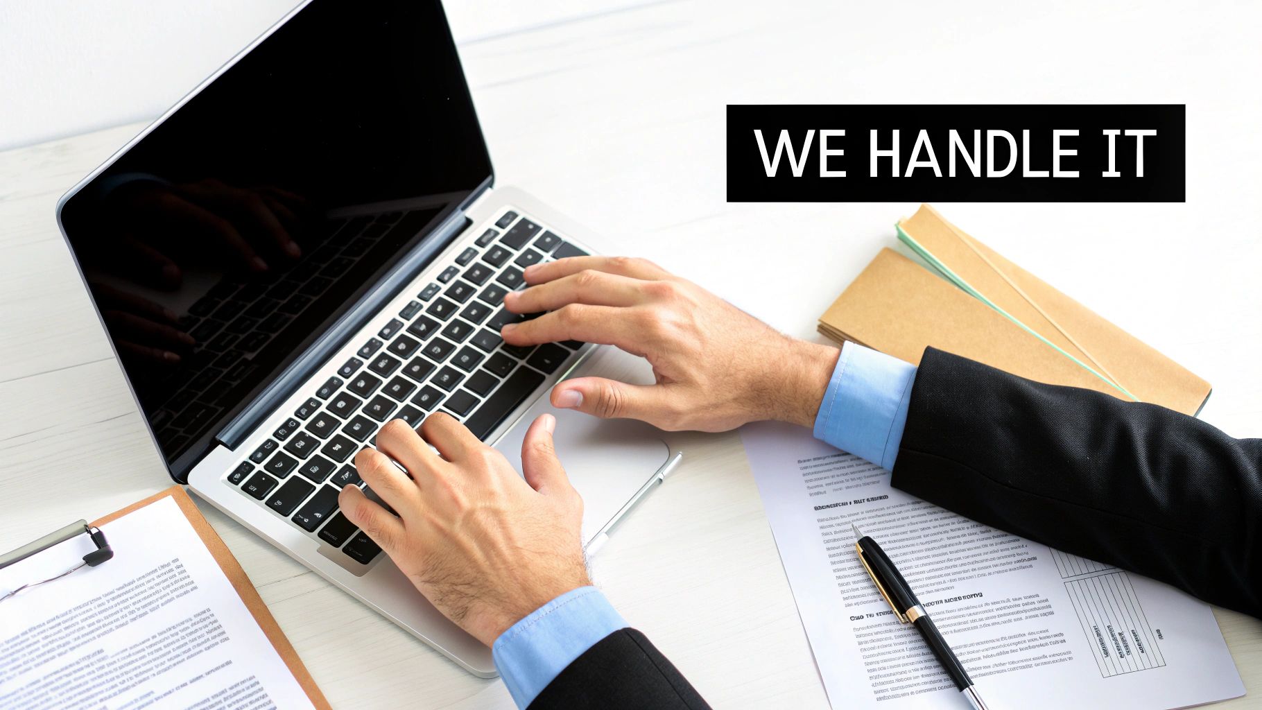 An attorney reviewing case files at their desk with brand colors visible.