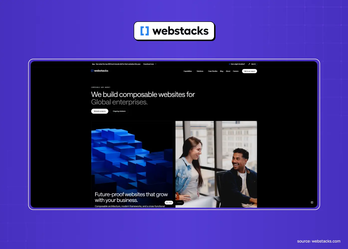 Webstacks homepage screenshot showing the headline "We build composable websites for Global enterprises" above imagery and a future-proof websites section.