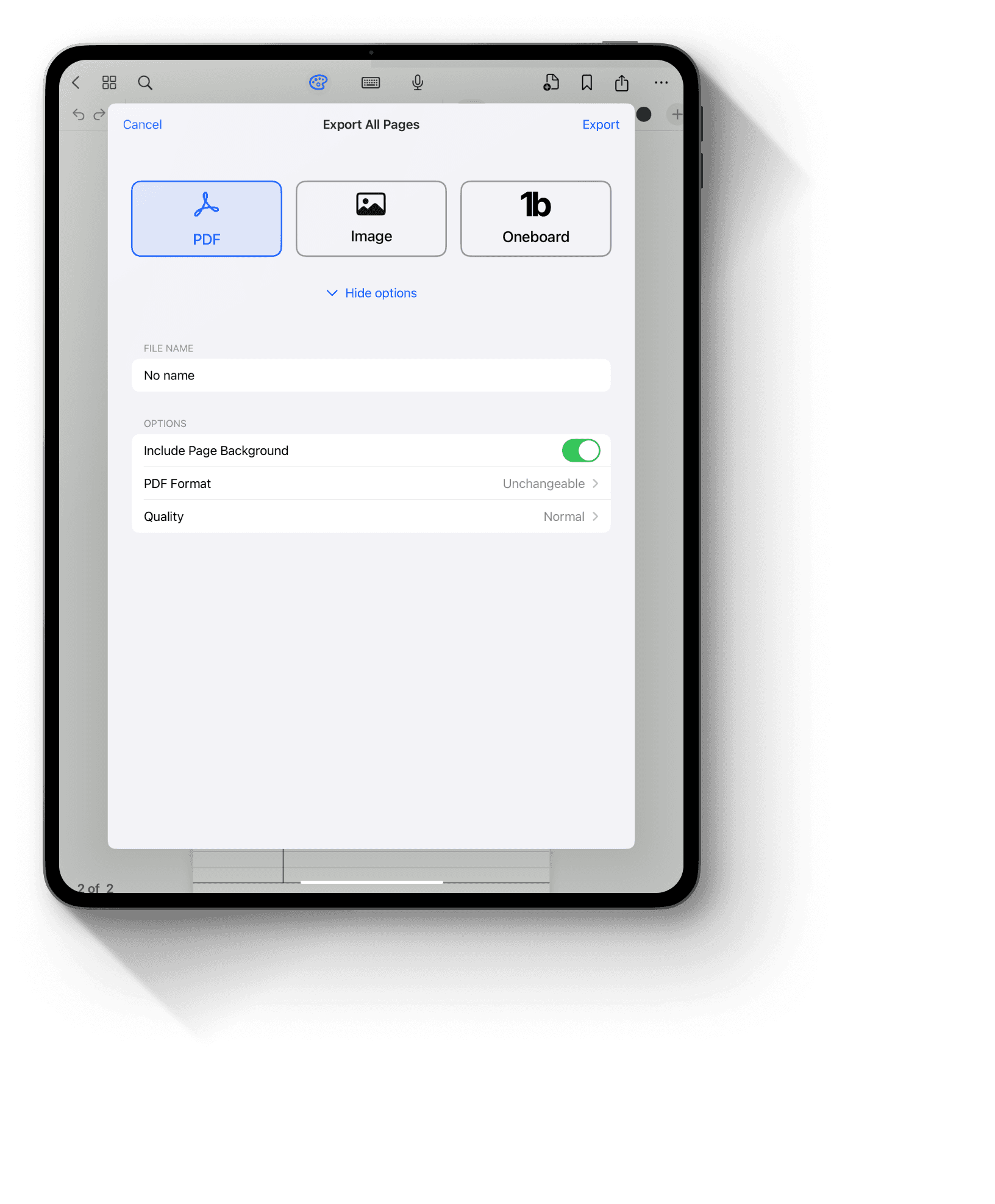 Exporting Pages in Oneboard