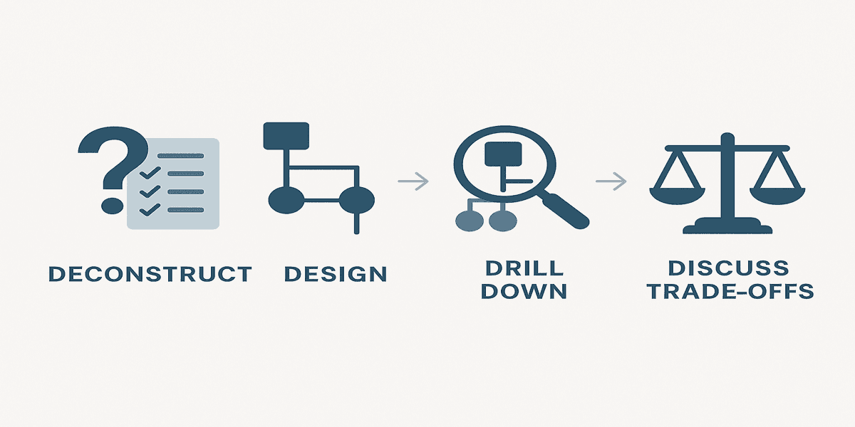 Infographic illustrating the four-step framework for backend interviews: Deconstruct, Design, Drill Down, and Discuss Trade-offs, using clean icons.
