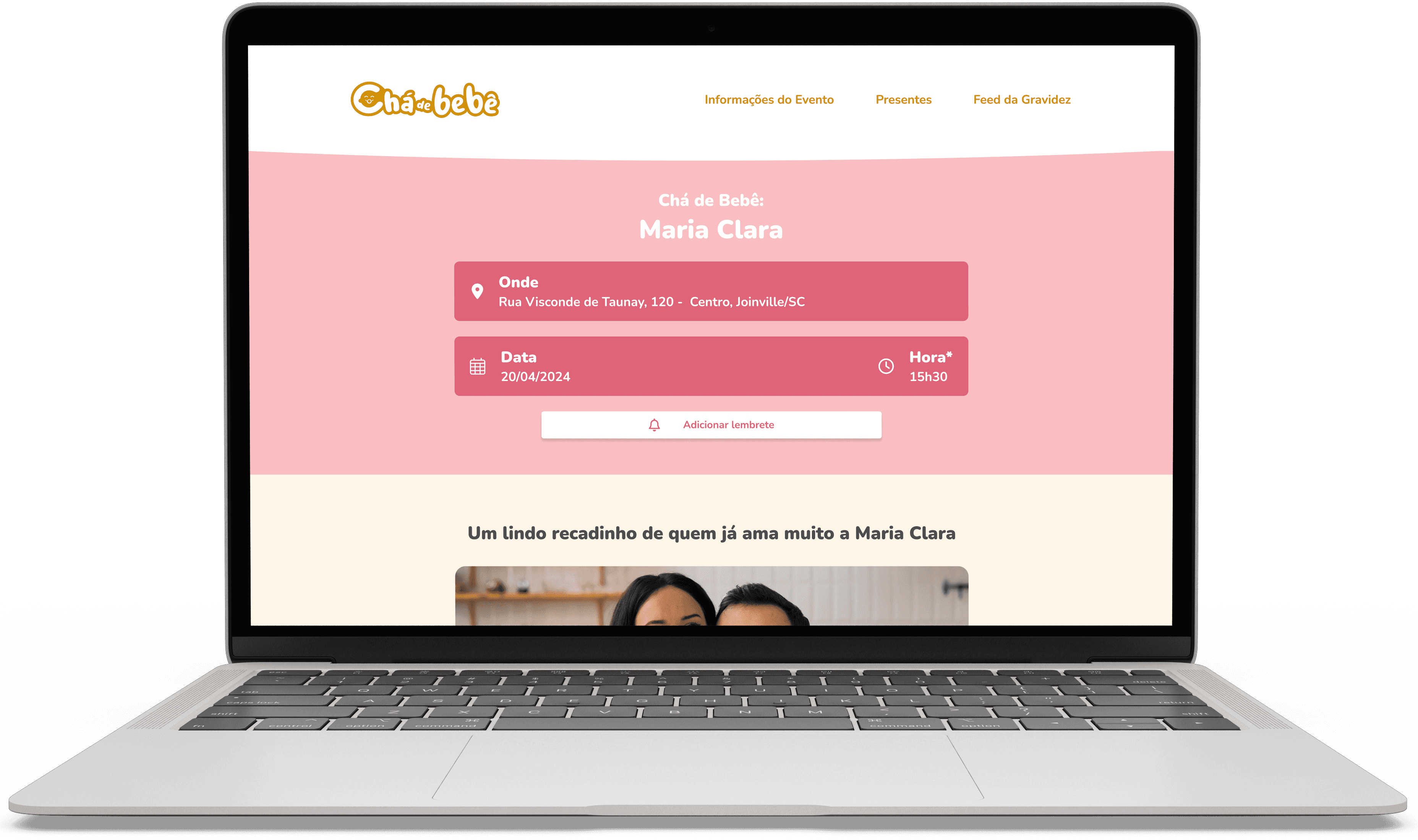 Página de revelação com data e hora selecionada pelos papais.