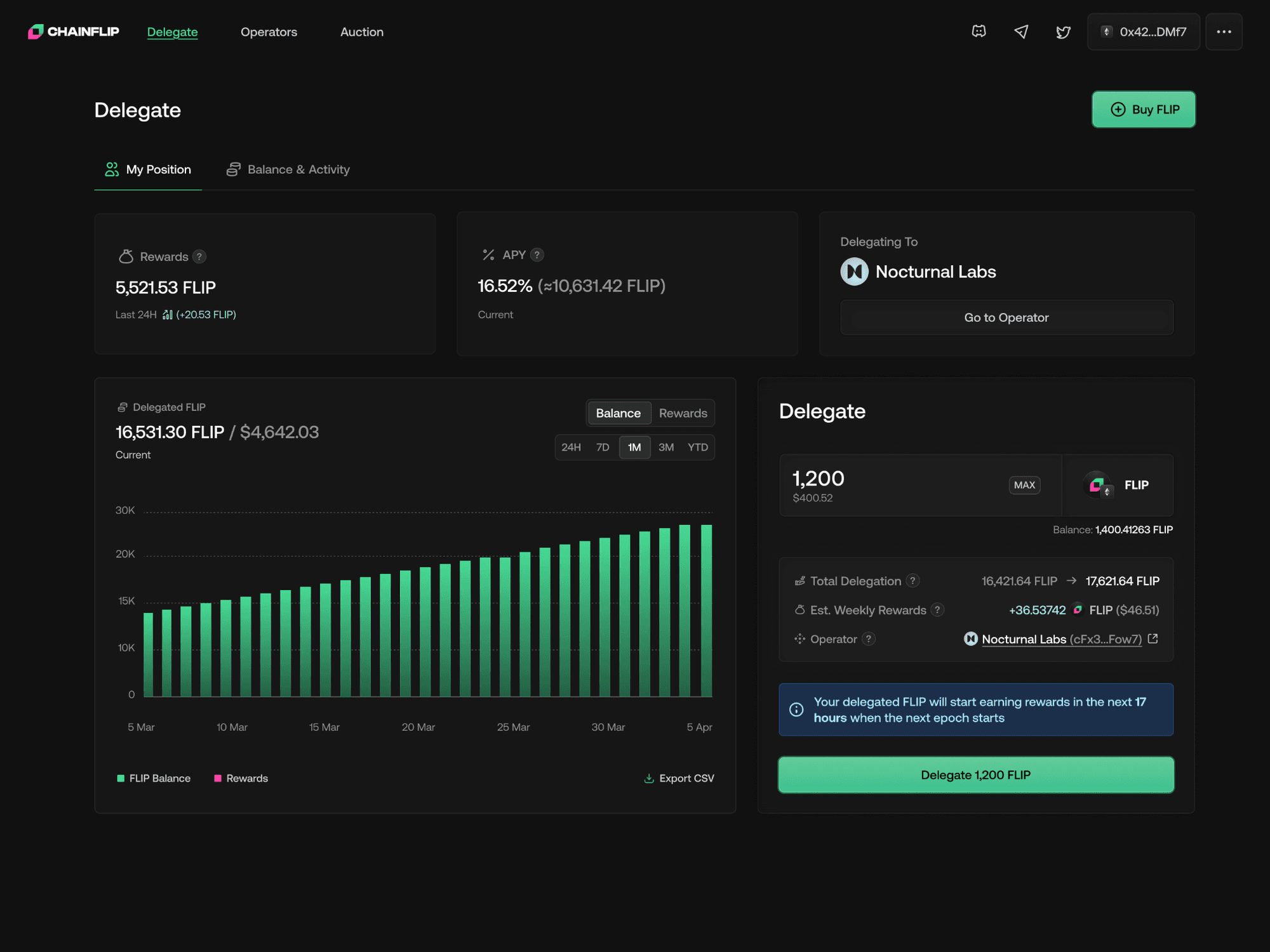 Screenshot of Chainflip’s upcoming delegated staking interface, showing delegation dashboard, rewards, APY, and operator selection.