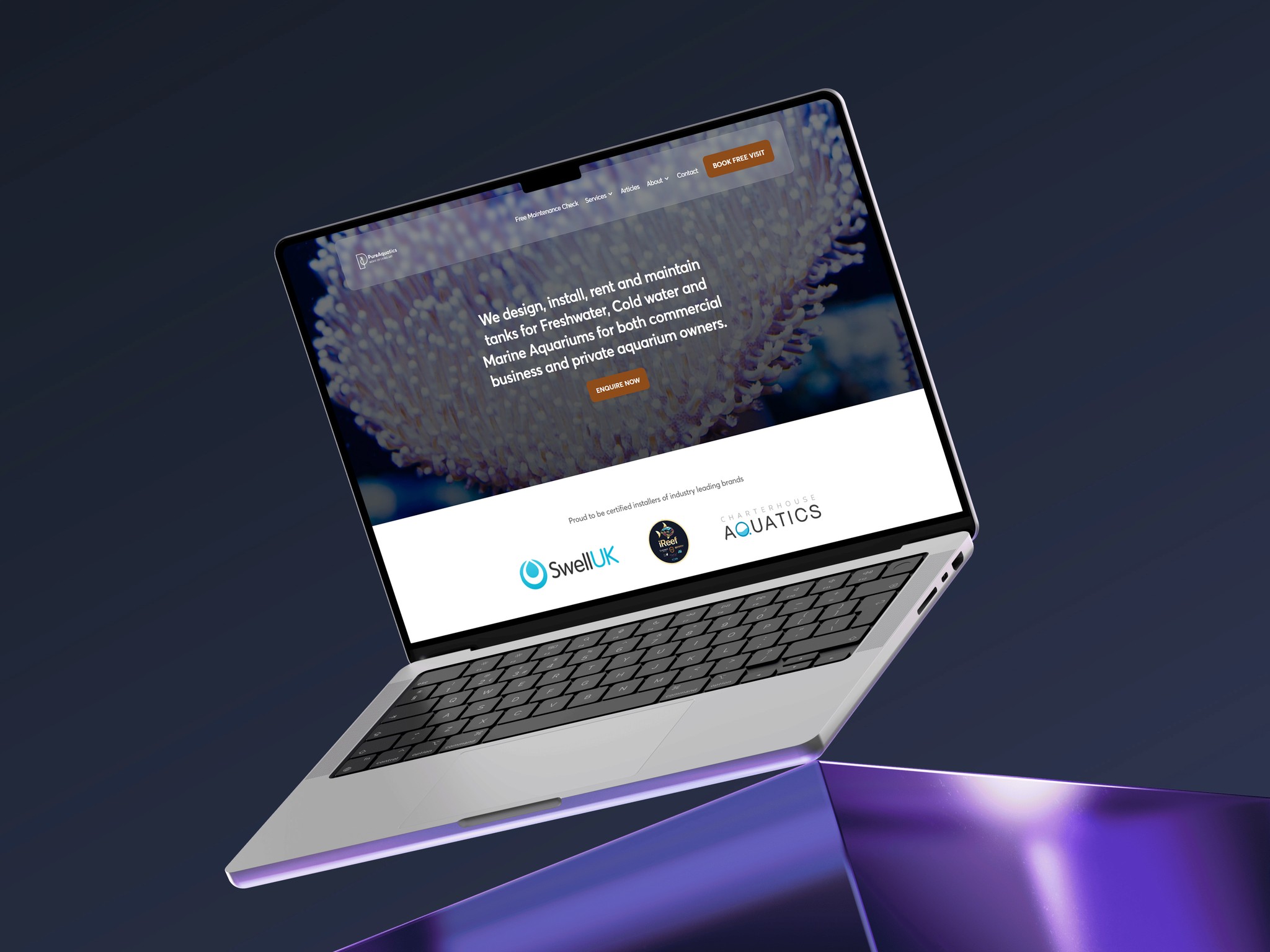 Laptop mockup showing PureAquatics website
