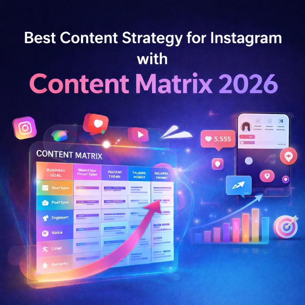 Professional blog cover image showing “Best Content Strategy for Instagram with Content Matrix 2026,” featuring a glowing content matrix table, Instagram icons, analytics charts, growth arrows, and social engagement visuals on a modern blue-purple gradient background, representing strategic Instagram content planning and growth.