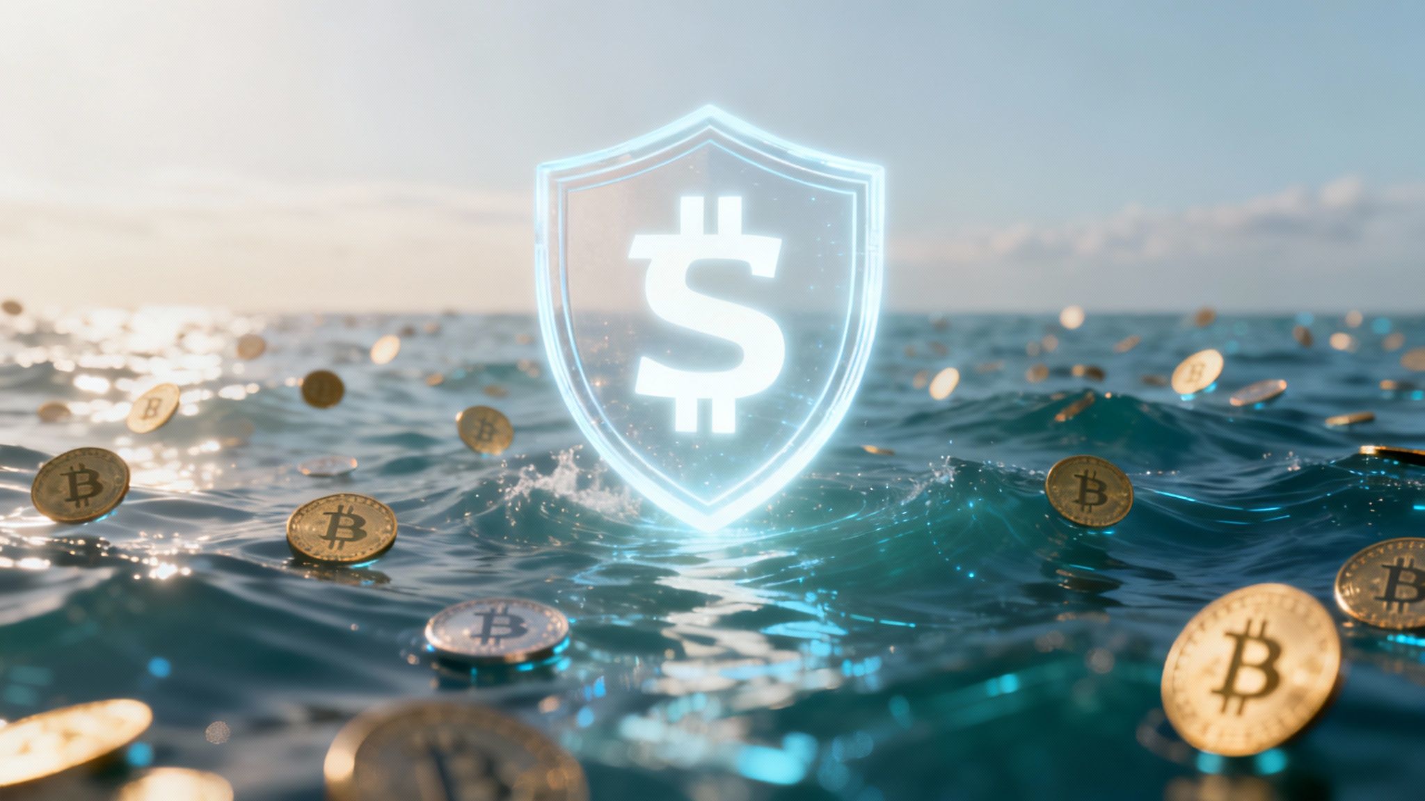 A glowing digital shield protecting a stack of coins, representing a digital fortress guarding assets in the DeFi space.