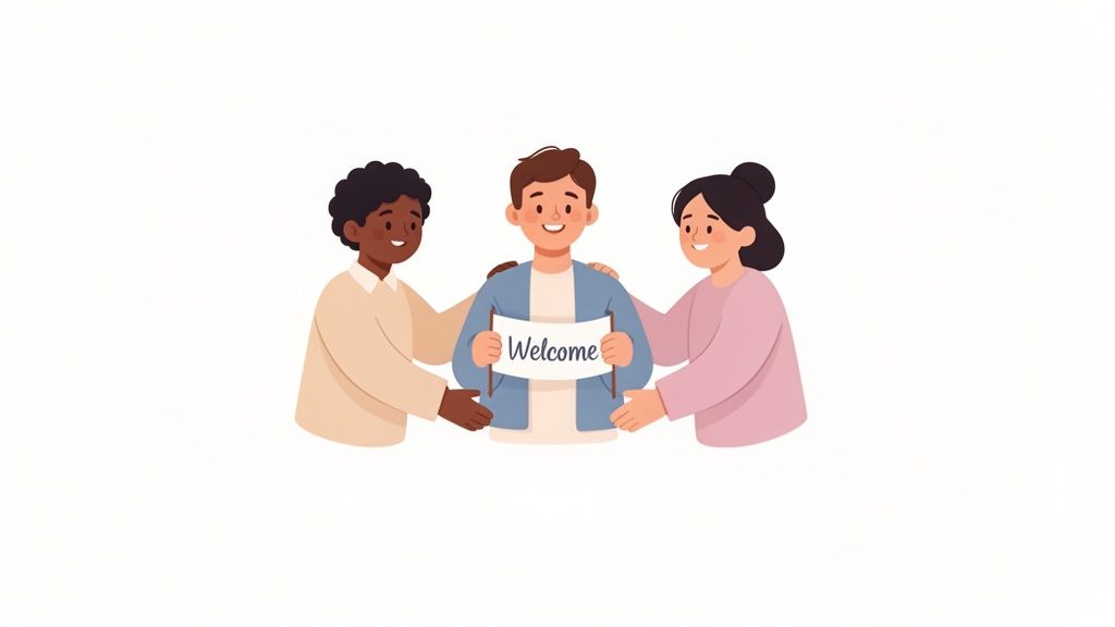 Three diverse people smiling, two welcoming one holding a 'Welcome' sign, symbolizing inclusivity.