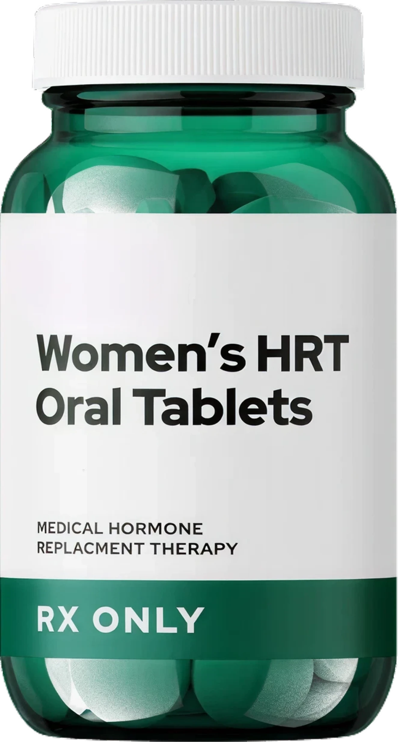 Green bottle of "Henry Women's HRT Oral Tablets." White lid, white label.