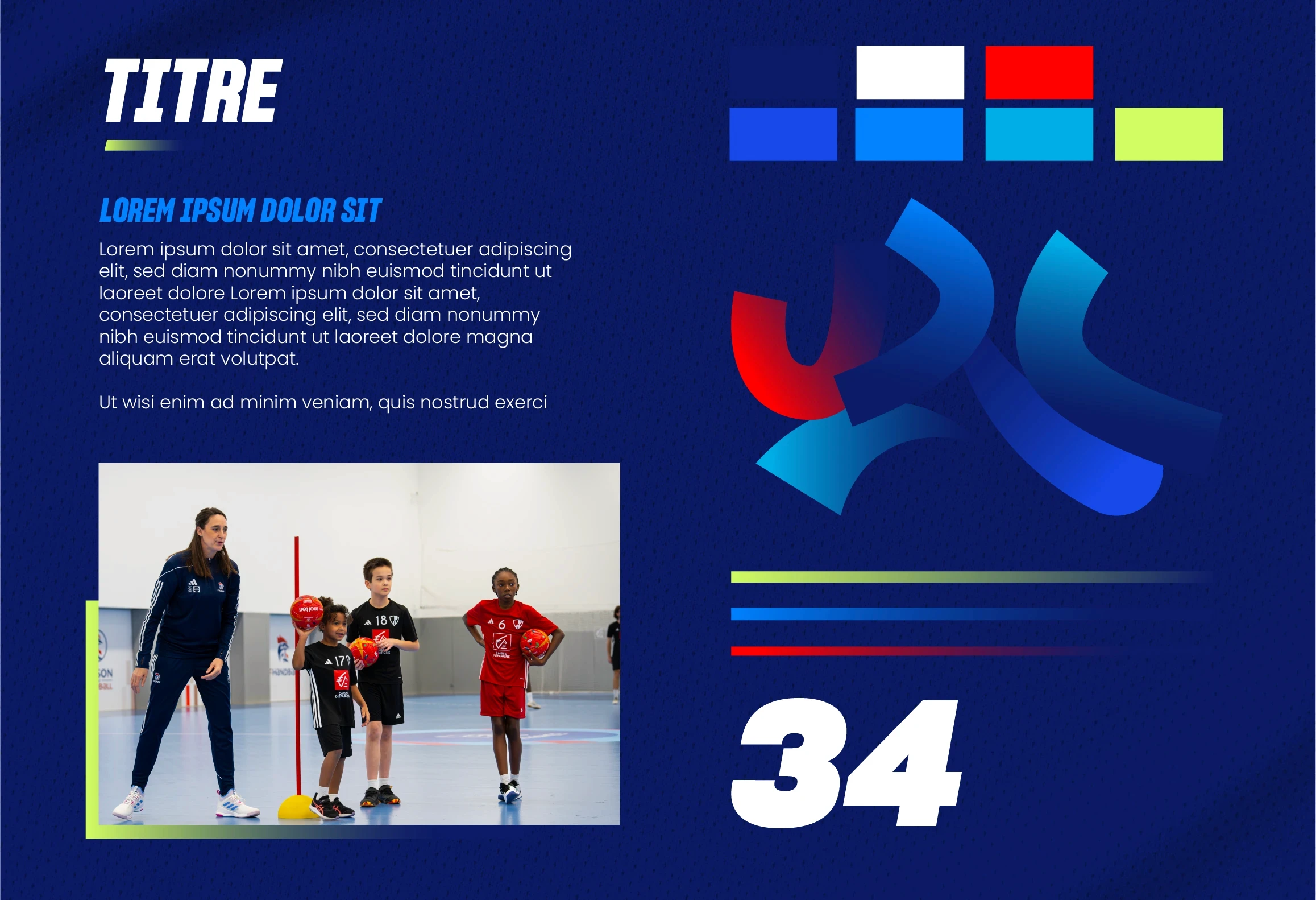 Assets graphiques FFHandball, courbes dynamiques inspirées du mouvement du handball, Palette de couleurs, Typographies officielles