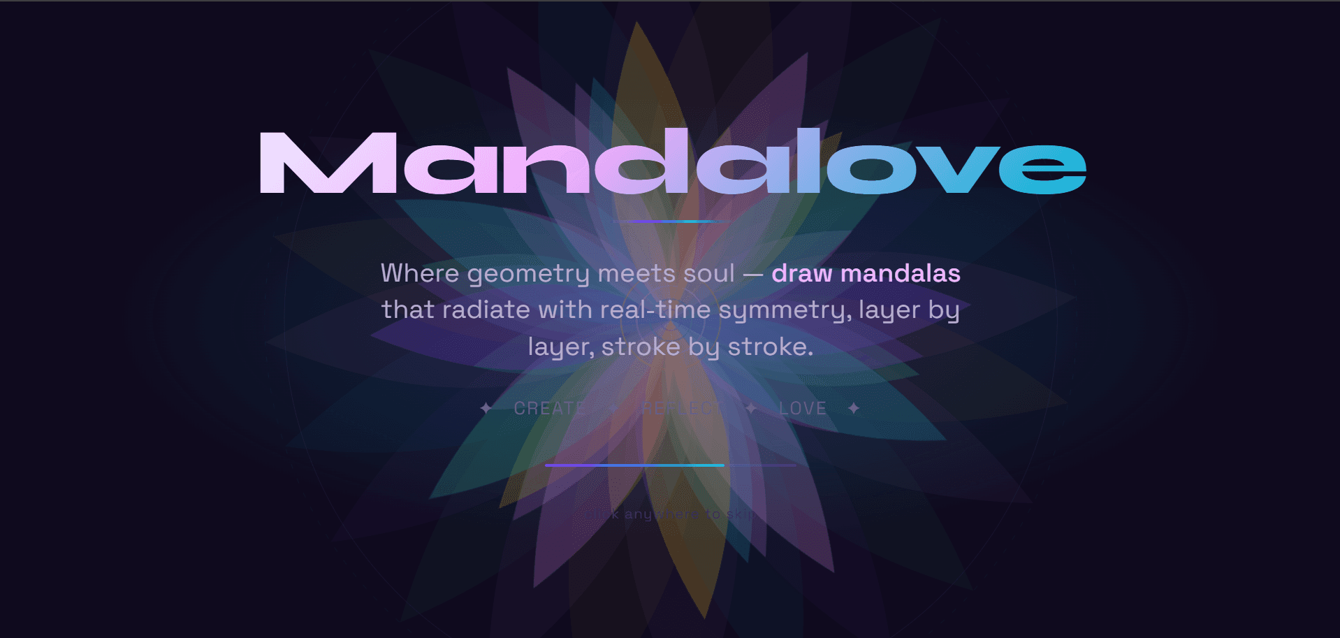 Mandalove radial drawing homepage with real-time symmetry canvas and start drawing button.