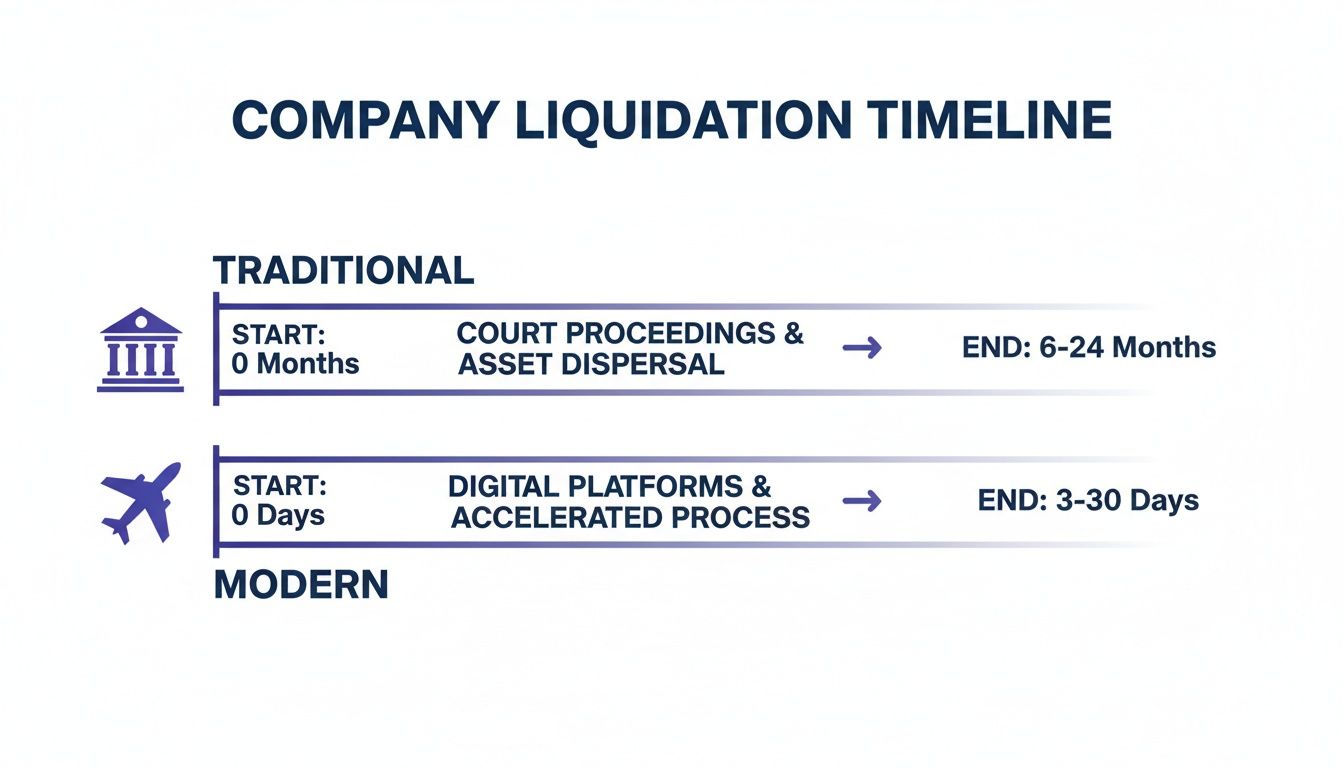 A company liquidation timeline comparing traditional and modern processes, showing durations and methods.