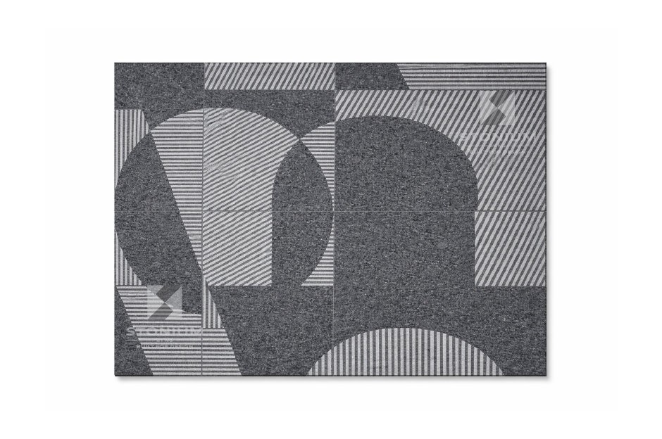 Moderna stone tile with abstract geometric pattern combining curved and linear textures in grey surface for outdoor flooring