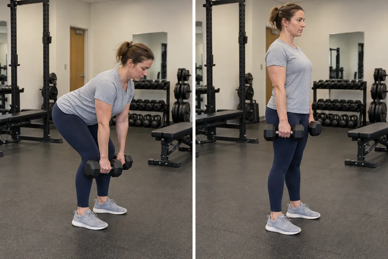 Romanian deadlift: hips back and weights near the shins on the left; standing with weights at thighs on the right.