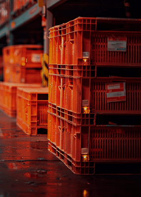 Multiple orange crates stacked on top of each other.