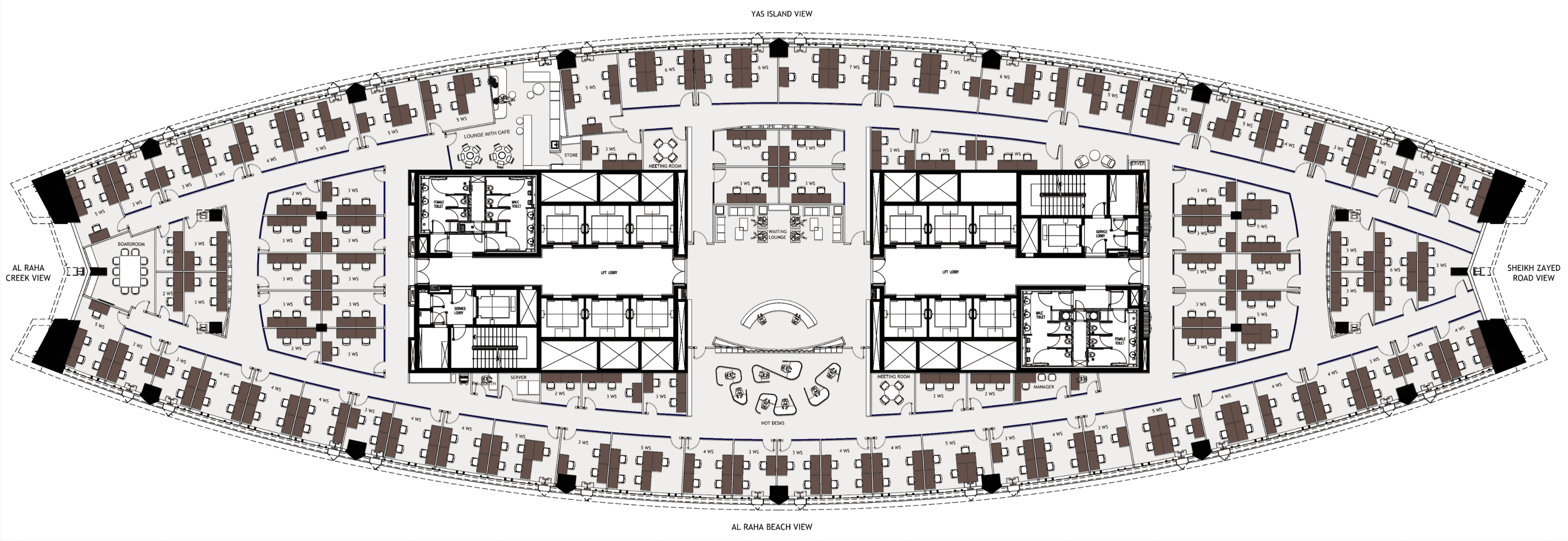 Floor plan with a circular design, tailored for serviced offices, emphasizing efficient use of space.