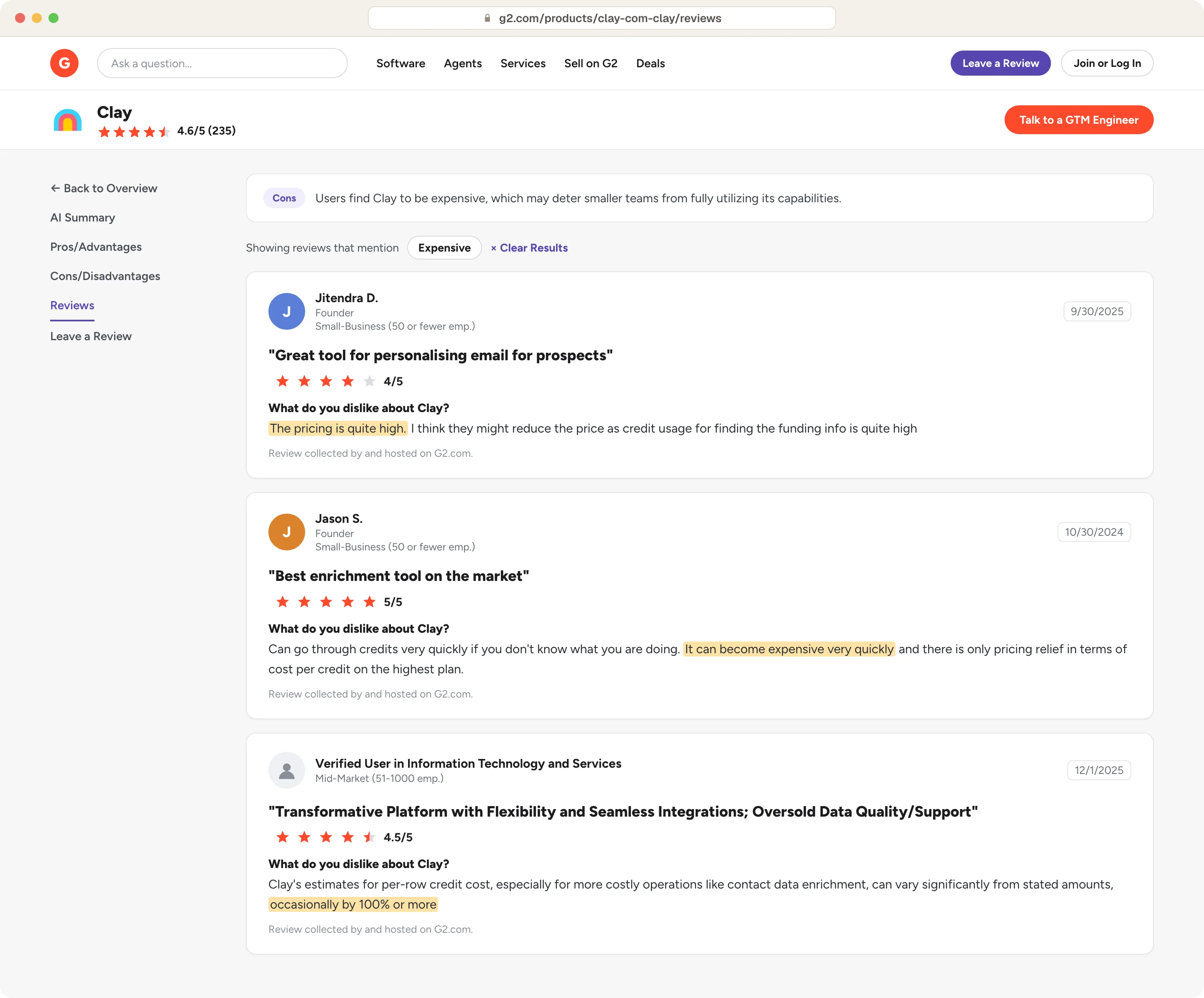 Three G2 reviews of Clay where users say the pricing is high and credits get expensive quickly