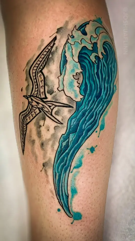 watercolor wave and polynesian bird calf tattoo 