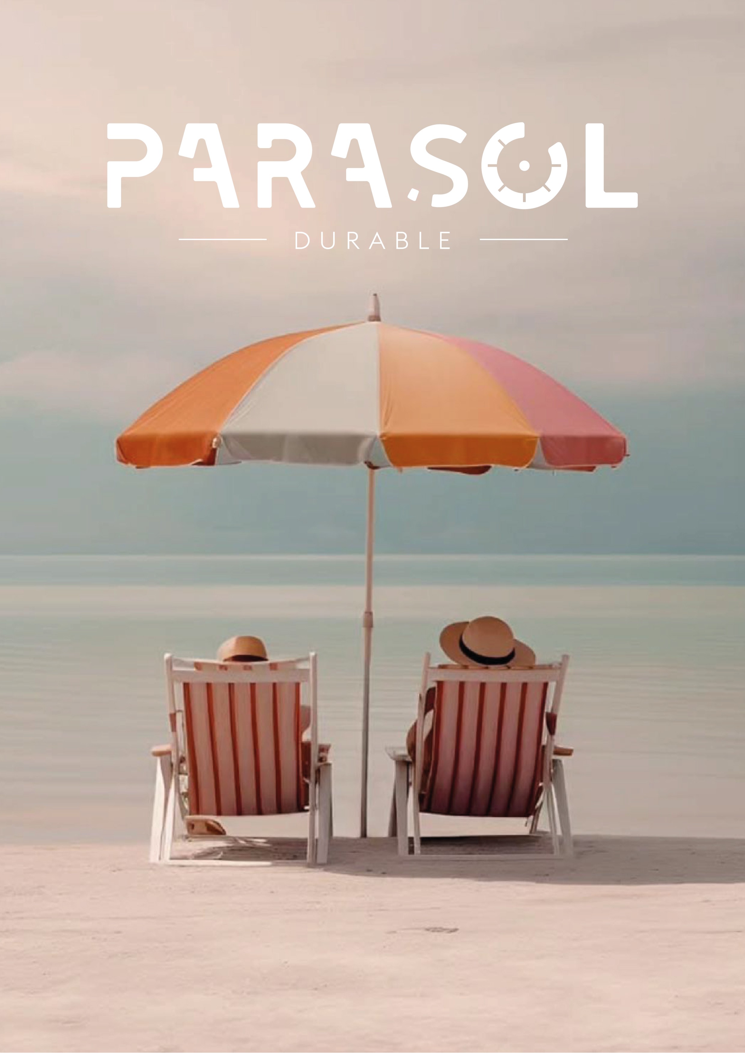 Beach chairs under orange umbrellas with Parasol brand logo