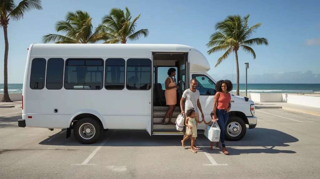 Florida Kid Adventures 24-passenger shuttle bus with excited kids waving