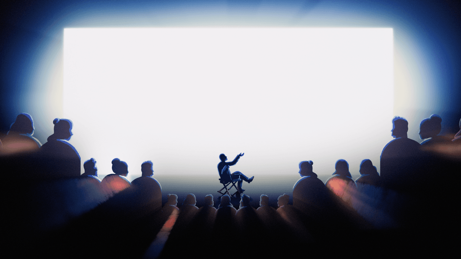 a movie director sitting in front of a brightly litcinema screen showcasing his work to a crowd