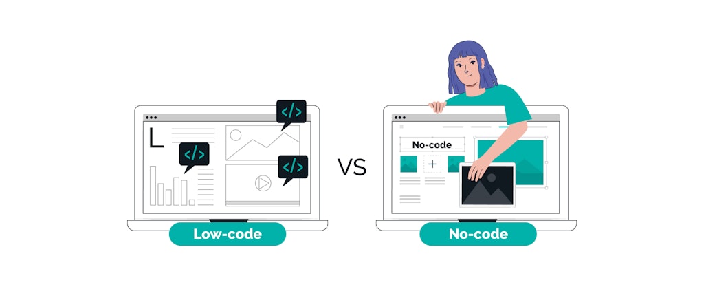 image of one computer no-code and another computer code with women hugging