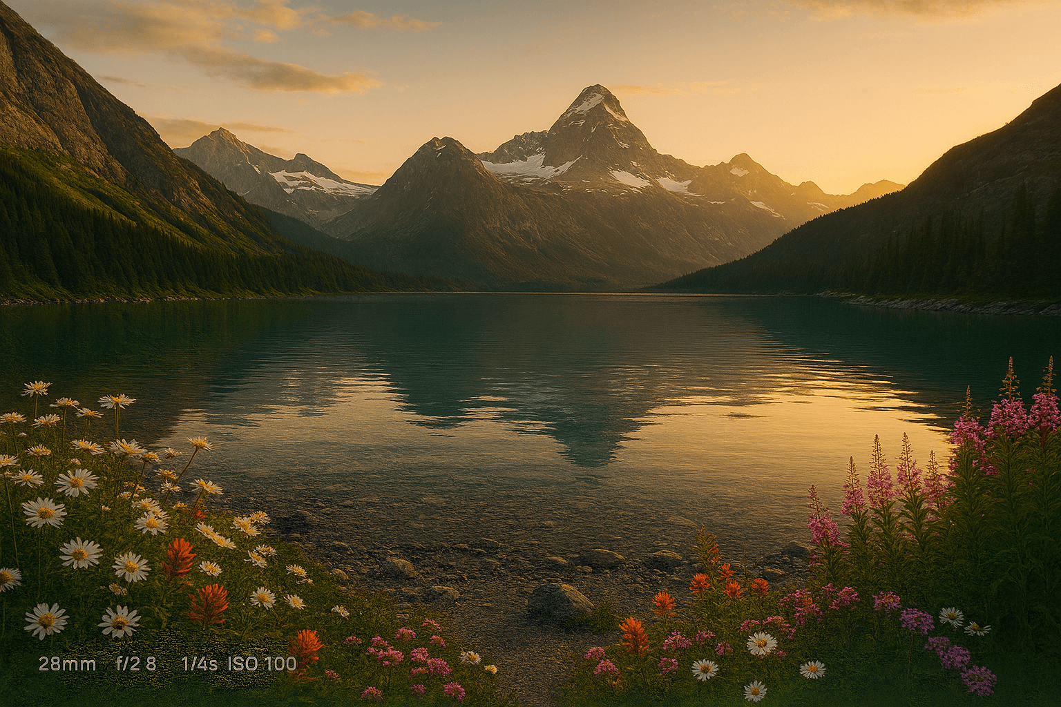 A serene mountain landscape at sunrise features a tranquil lake reflecting the surrounding snow-capped peaks, with a foreground of vibrant wildflowers in full bloom.