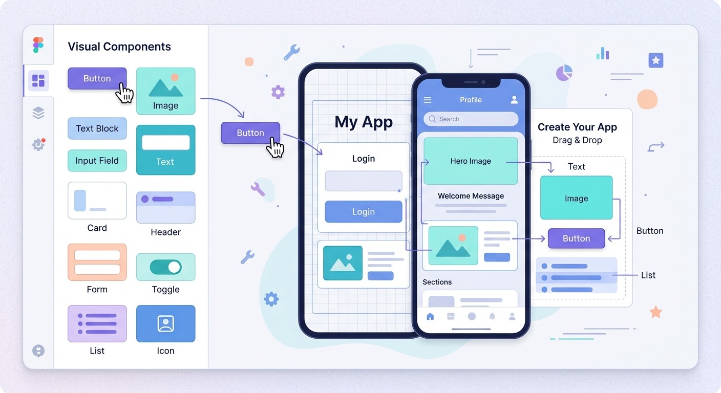Drag-and-drop app building blocks assembling into a mobile app interface