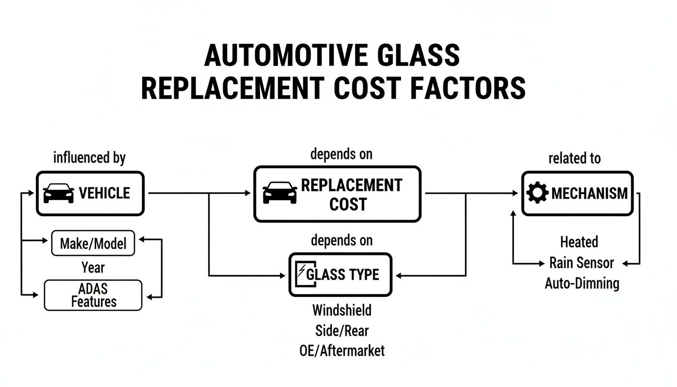 A flowchart detailing factors affecting automotive glass replacement cost, such as vehicle model, glass type, and integrated mechanisms.