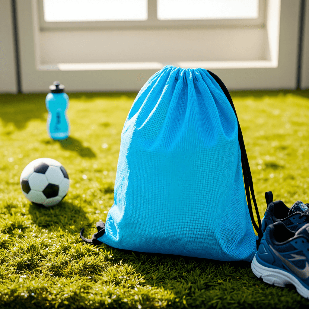 product photography of a drawstring backpack made of mesh fabric, suitable for carrying personal items