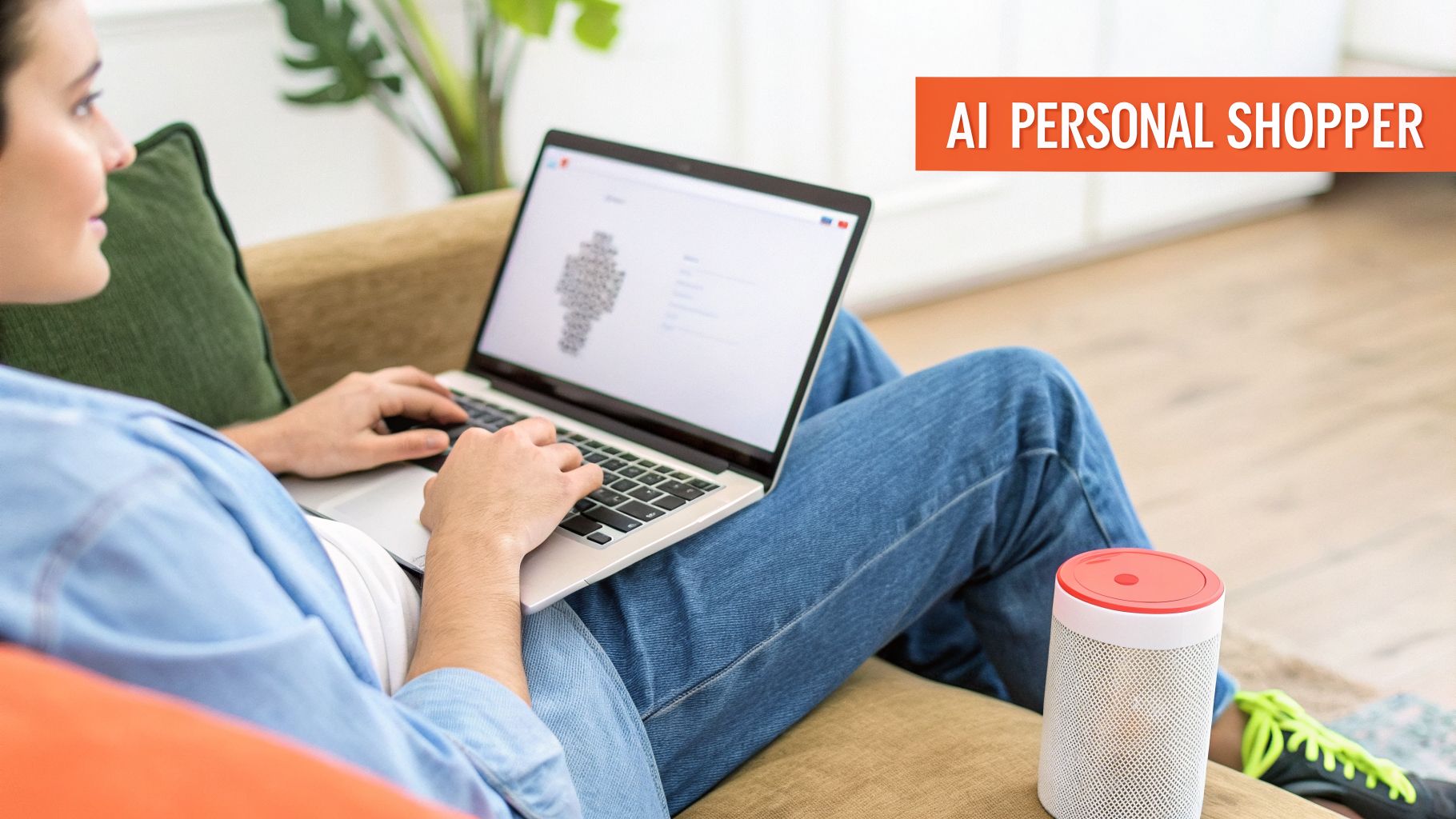 A person uses a laptop and smart speaker on a couch, with 'AI Personal Shopper' text.