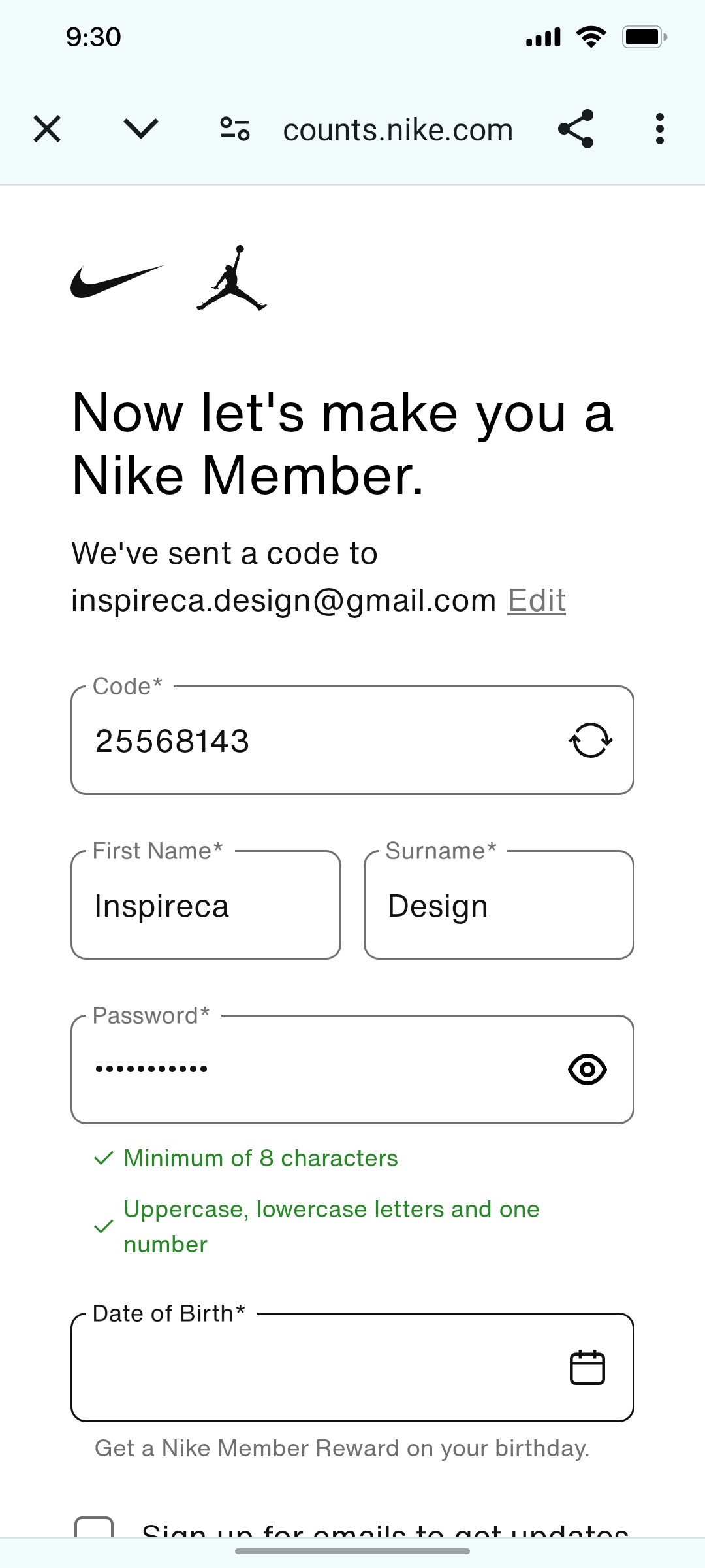 Nike App Enter Date of birth Screen