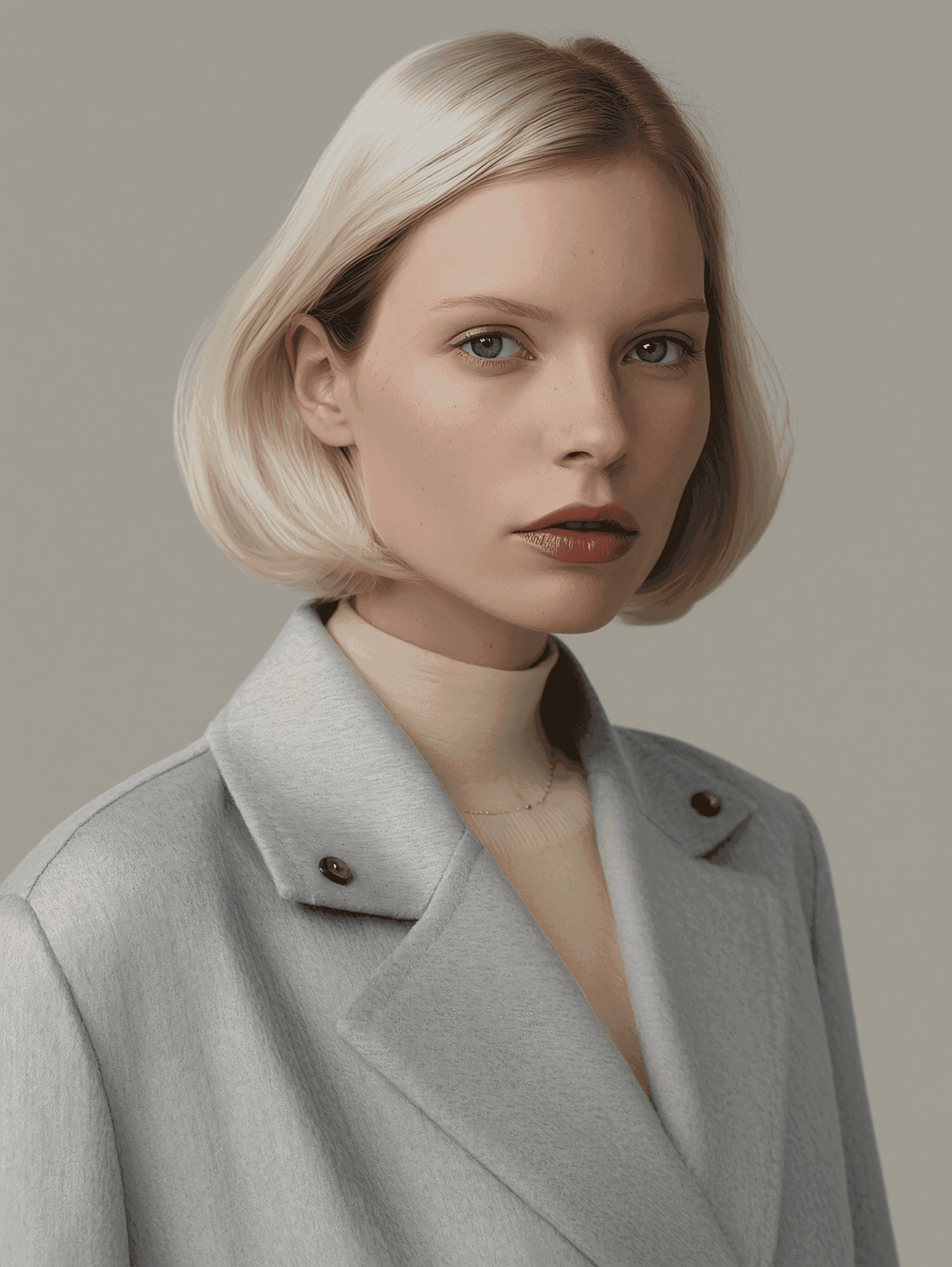 A woman with blonde bob hair in a grey coat and beige turtleneck stands against a neutral backdrop. She has a serious expression, conveying elegance.