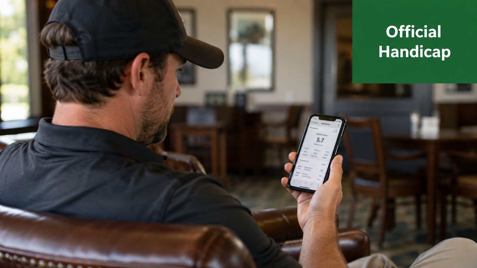 A man in a golf cap checking his official handicap score on a smartphone screen indoors.
