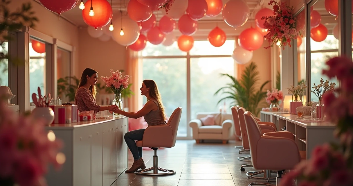 Salão de beleza decorado para uma data comemorativa, com balões e arranjos coloridos