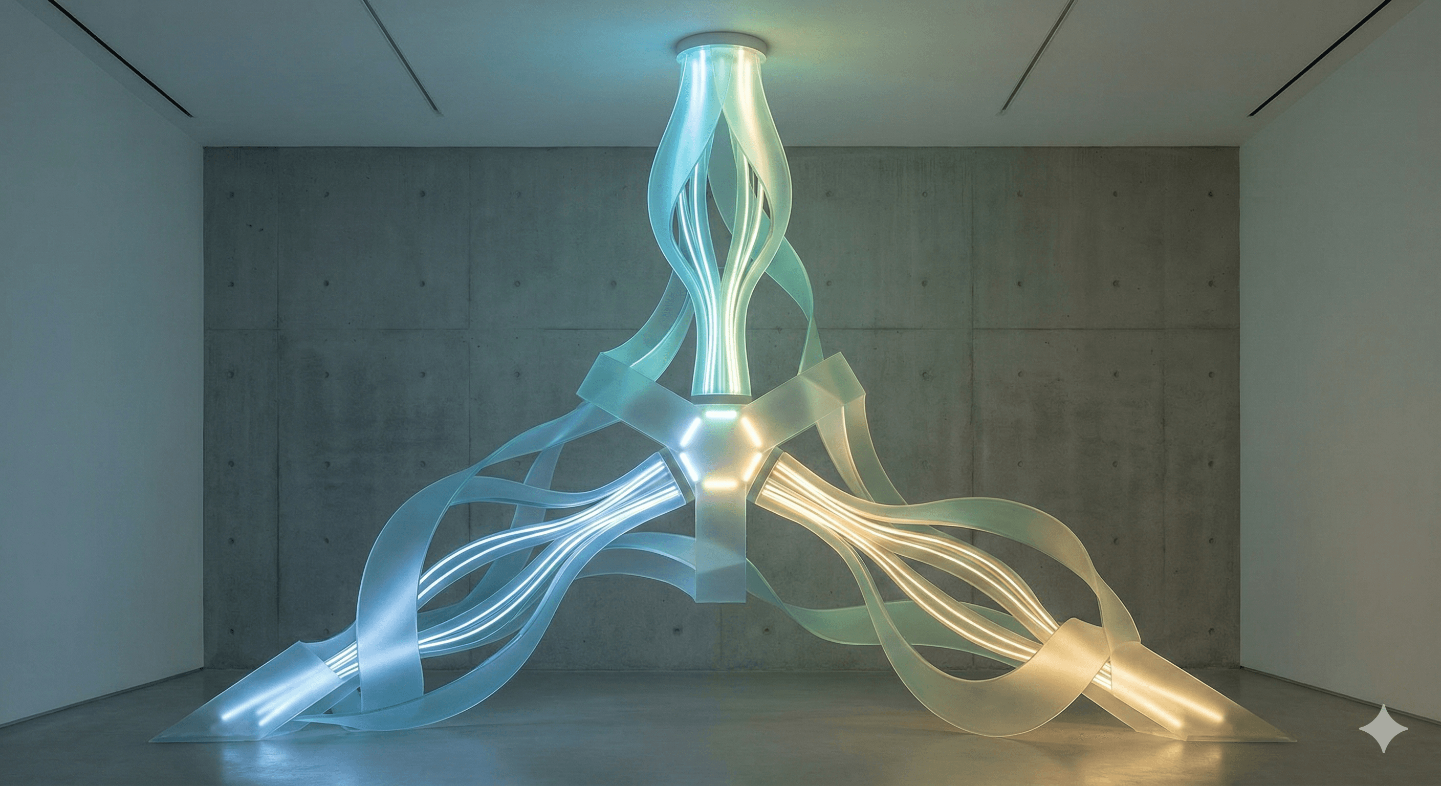 A modern art installation features intertwined translucent ribbons illuminated in soft, glowing hues of blue and white, elegantly stretching across a minimalist gallery space with concrete walls.